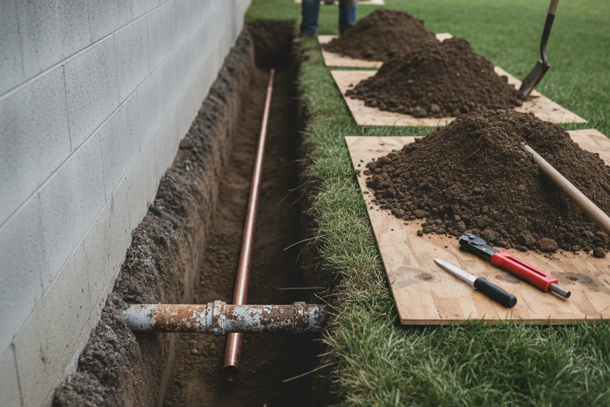 Excavated water line trench during Water Softener Installation in Welch